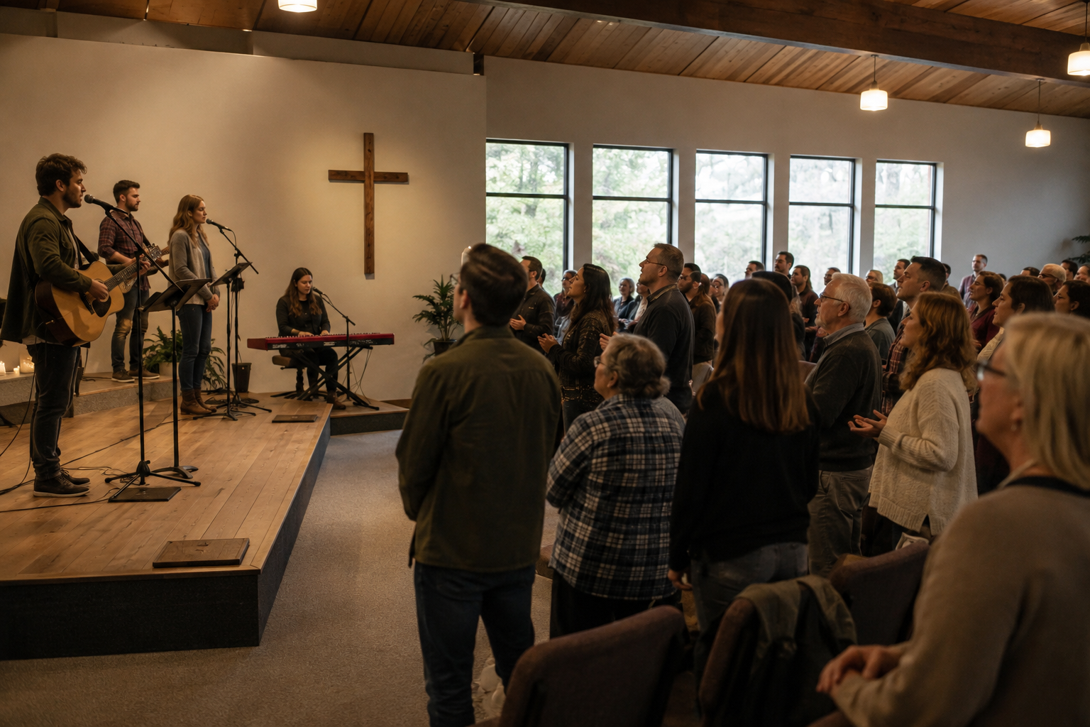 Congregation sings with a small worship band in church