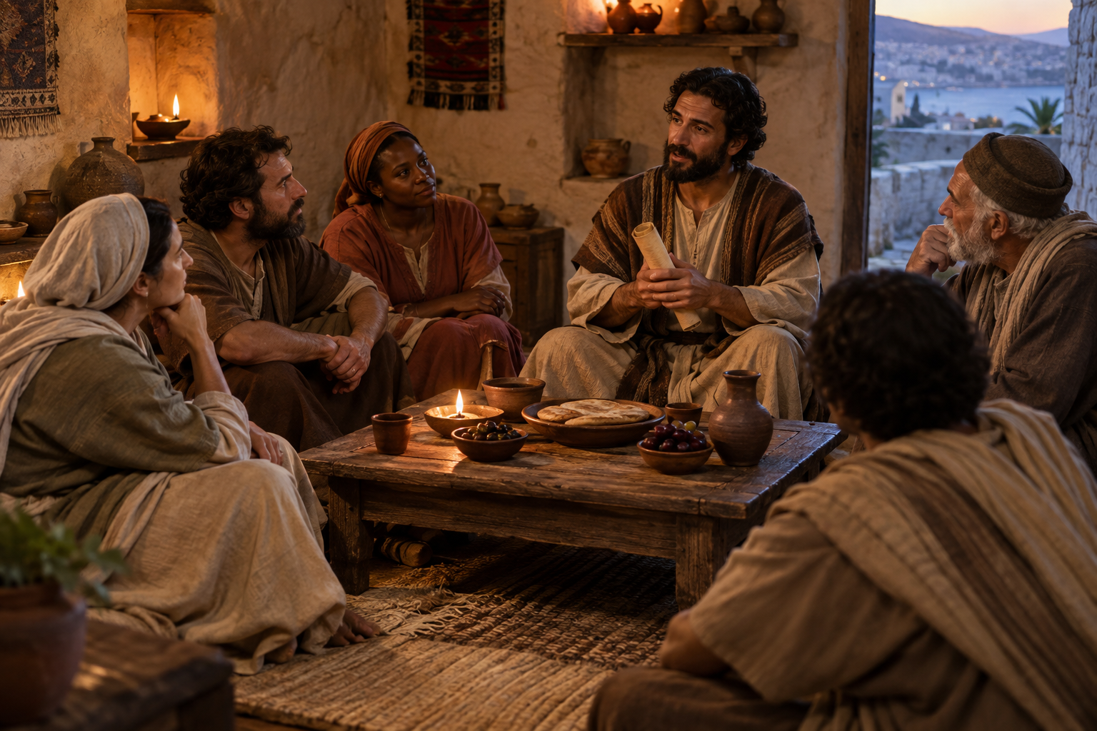 An early Christian gathering listening together in a first-century home