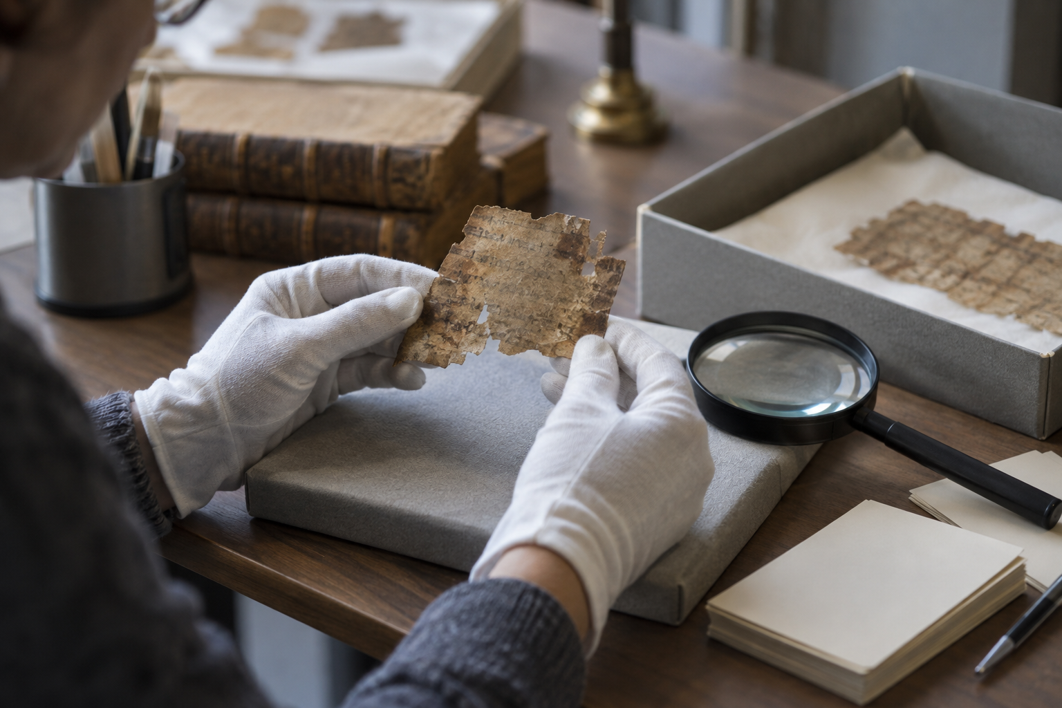 A conservator examining an ancient parchment fragment in an archive