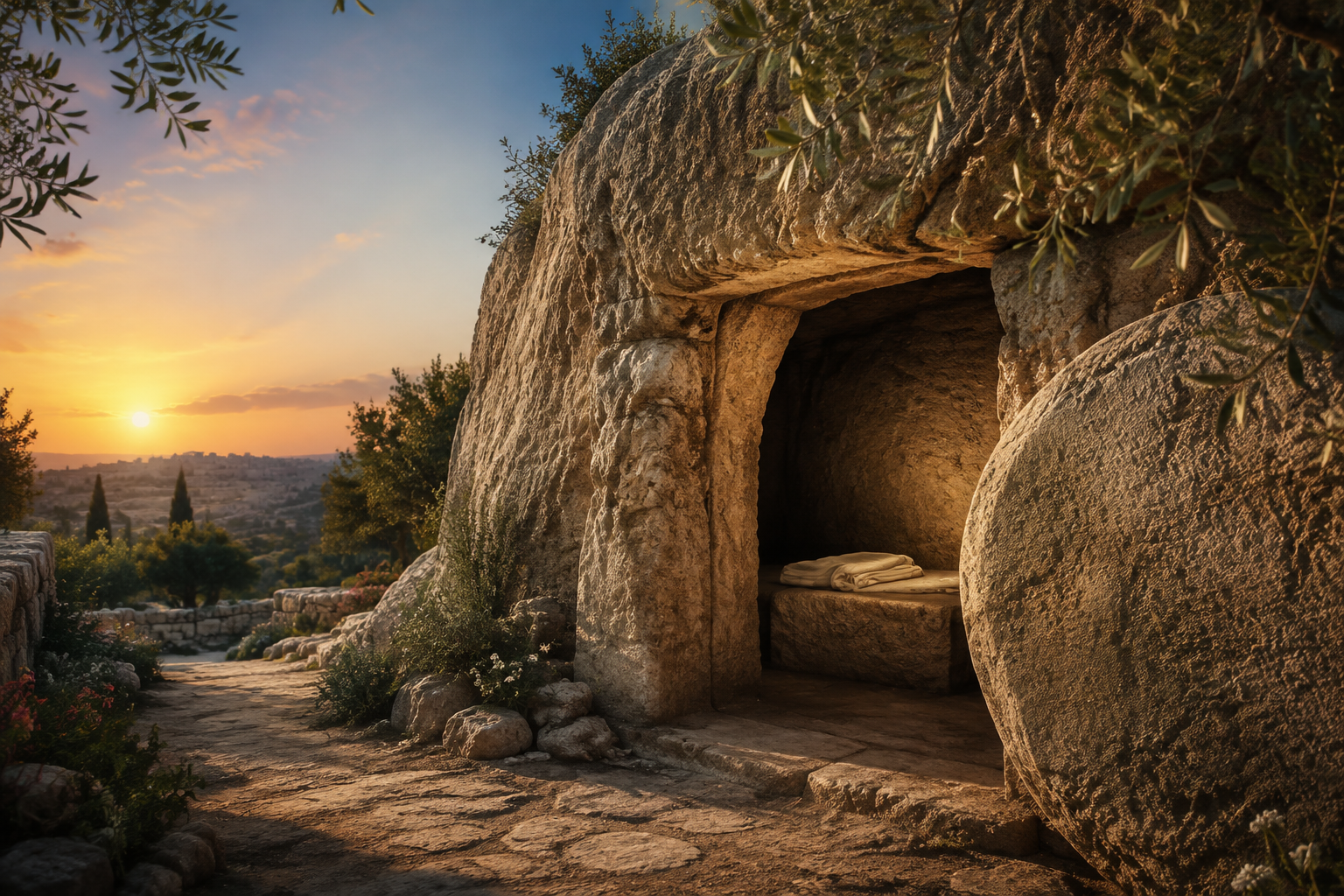 The open empty tomb at dawn with a folded burial cloth inside