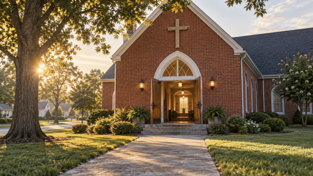 A red brick Baptist church with a wooden cross and open front doors at sunrise