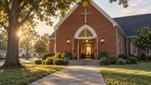 A red brick Baptist church with a wooden cross and open front doors at sunrise