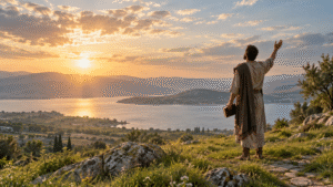 A believer holds a Bible and lifts one hand in worship beside a quiet lake at sunset