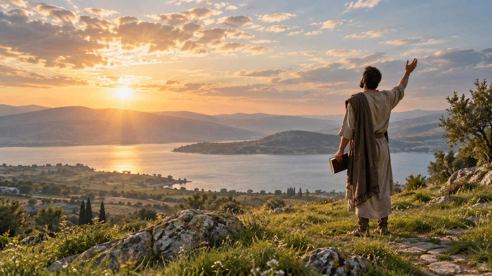 A believer holds a Bible and lifts one hand in worship beside a quiet lake at sunset