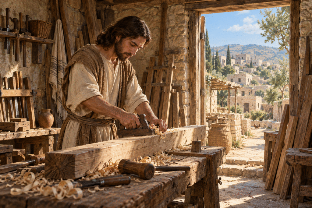 Jesus shapes a wooden beam in a first-century Nazareth carpenter workshop