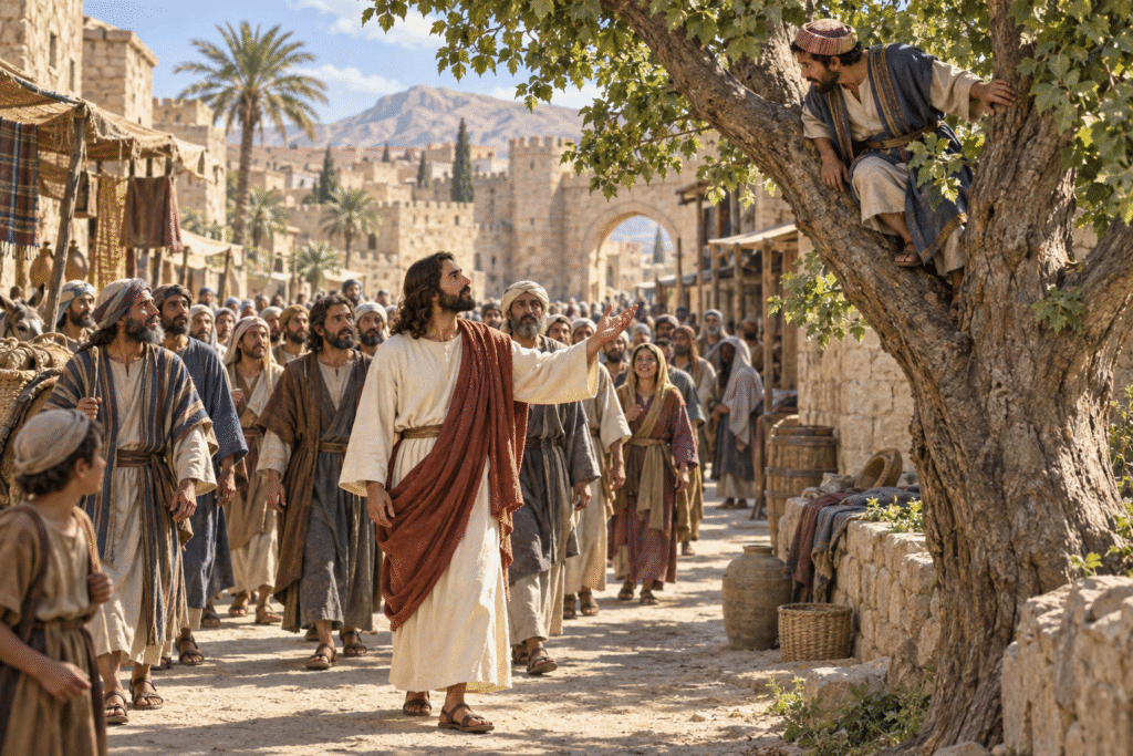 Zacchaeus looks down from a sycamore tree as Jesus walks through a Jericho street
