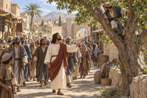 Zacchaeus looks down from a sycamore tree as Jesus walks through a Jericho street