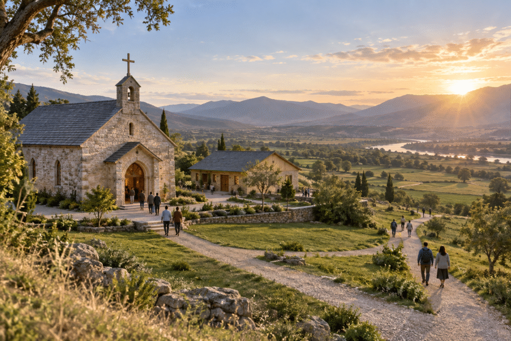 A stone church campus with paths leading into a wide valley at sunrise