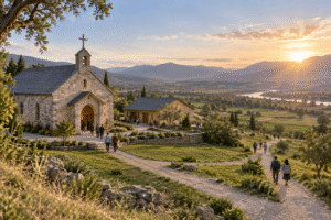 A stone church campus with paths leading into a wide valley at sunrise
