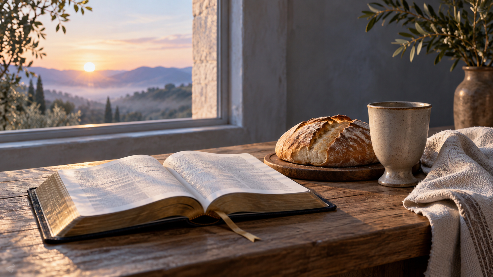 Bread, an empty cup, and an open Bible rest on a wooden table in morning light