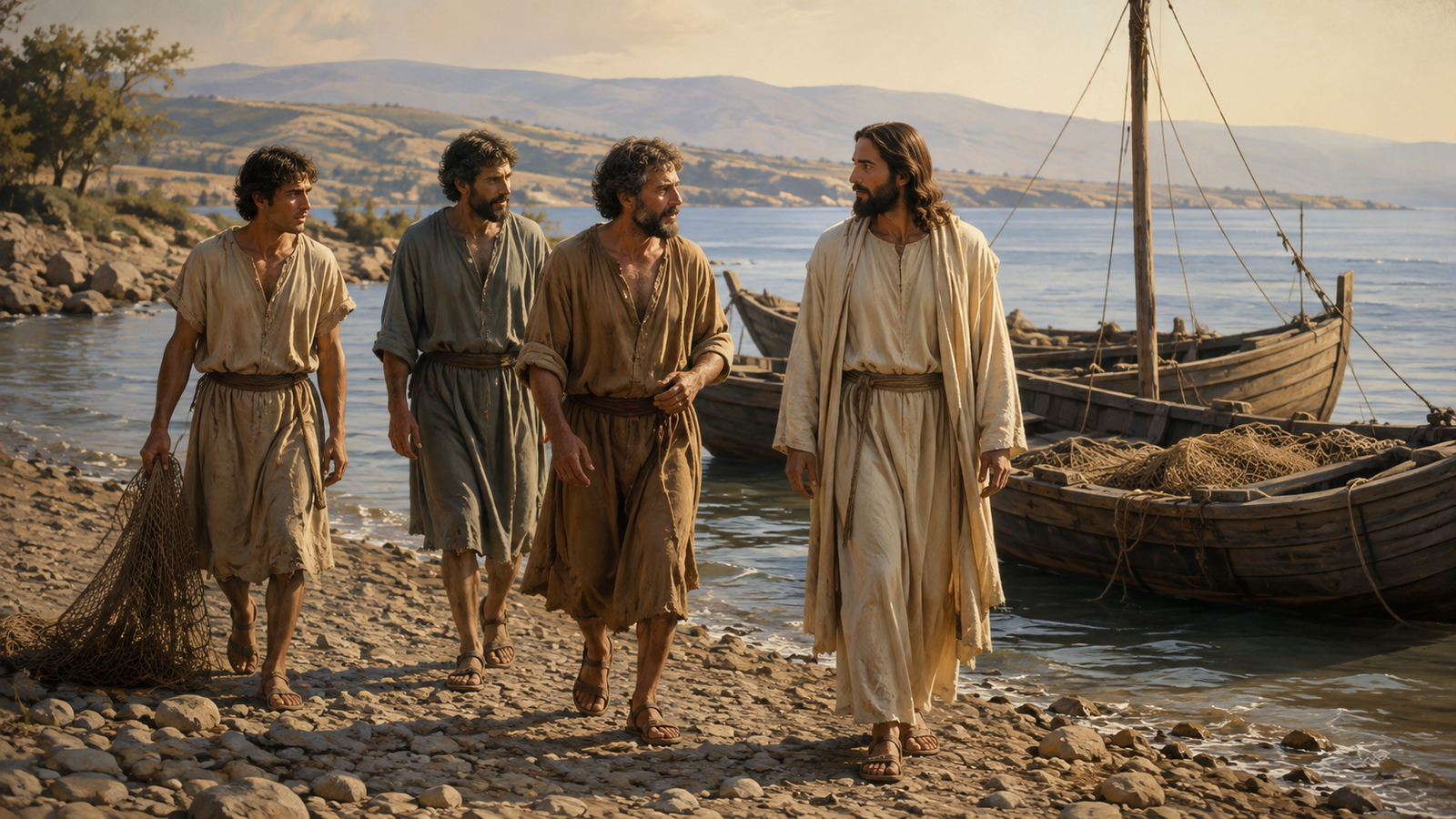 Fishermen walk away from their boats and follow Jesus along the shore
