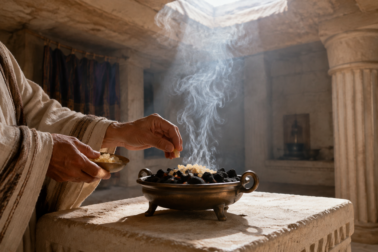 Hands place frankincense resin on glowing charcoal in a bronze incense dish