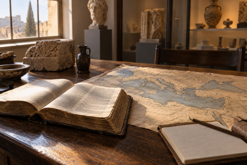 An open New Testament and ancient Mediterranean map on a historian’s study table