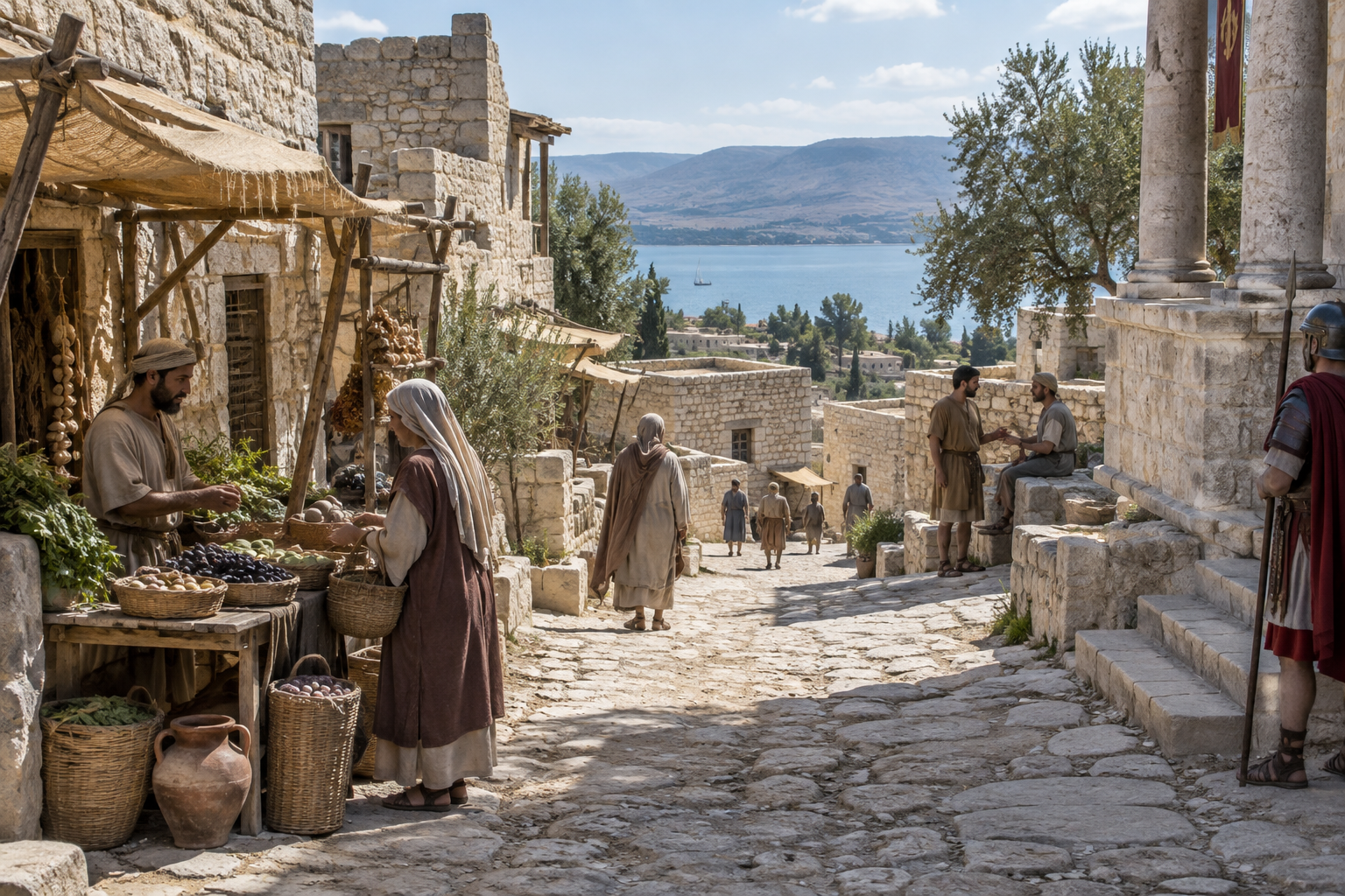 A historically inspired view of a Galilean village beside a lake