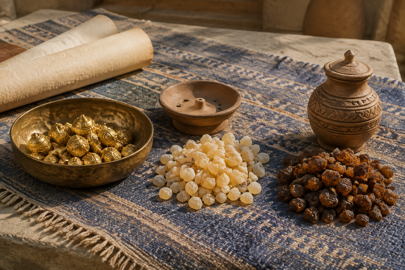 Gold frankincense and myrrh arranged on woven cloth beside a clay incense dish