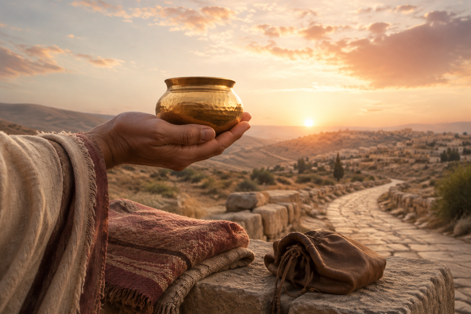 A traveler offers a small gold vessel on an ancient road at sunrise