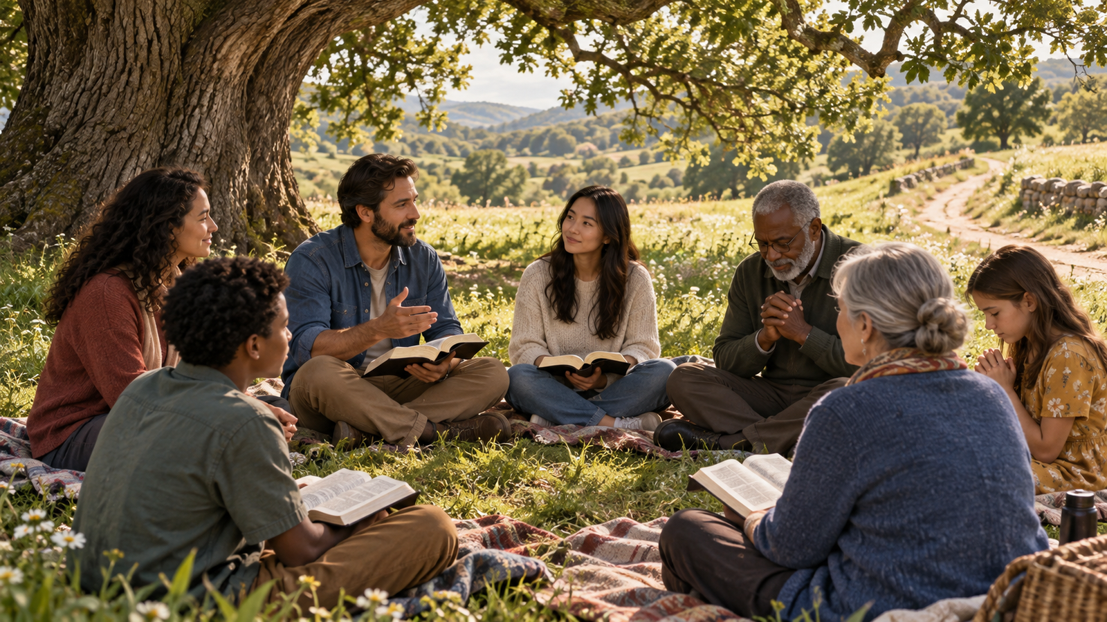 Christians from several generations read Bibles and pray together beneath an old oak tree