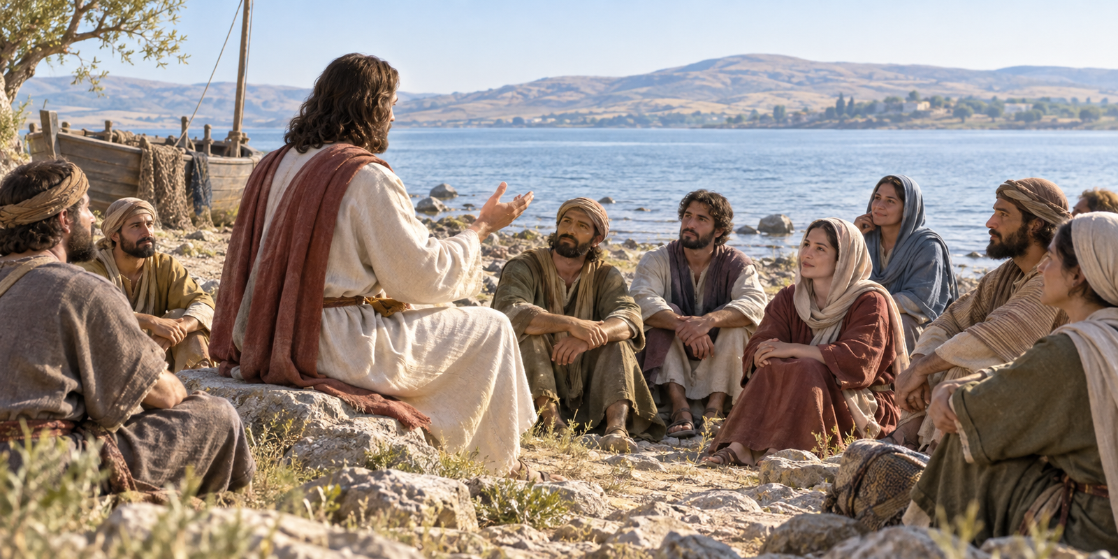 Jesus teaches a small group beside the Sea of Galilee in a first-century setting