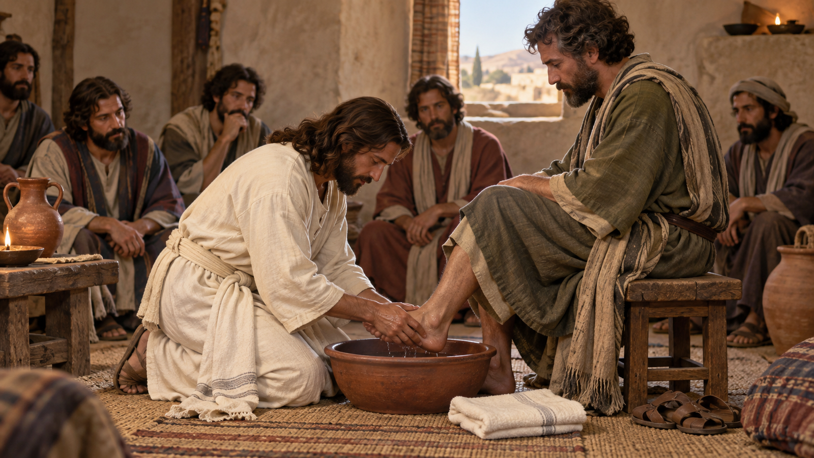 Jesus kneels to wash a disciple’s feet in a first-century room with a clay basin and towel