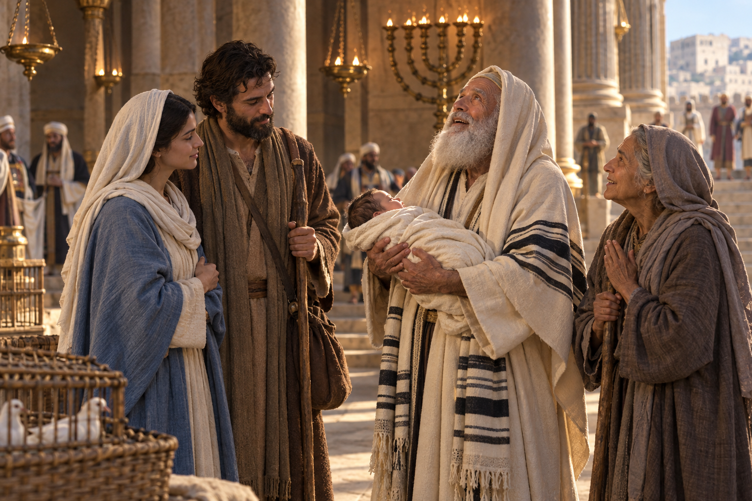 Mary and Joseph present the infant Jesus to Simeon and Anna at the temple