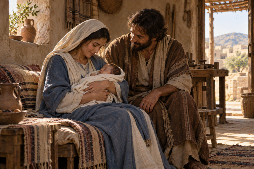 Infant Jesus rests in Mary’s arms while Joseph watches nearby