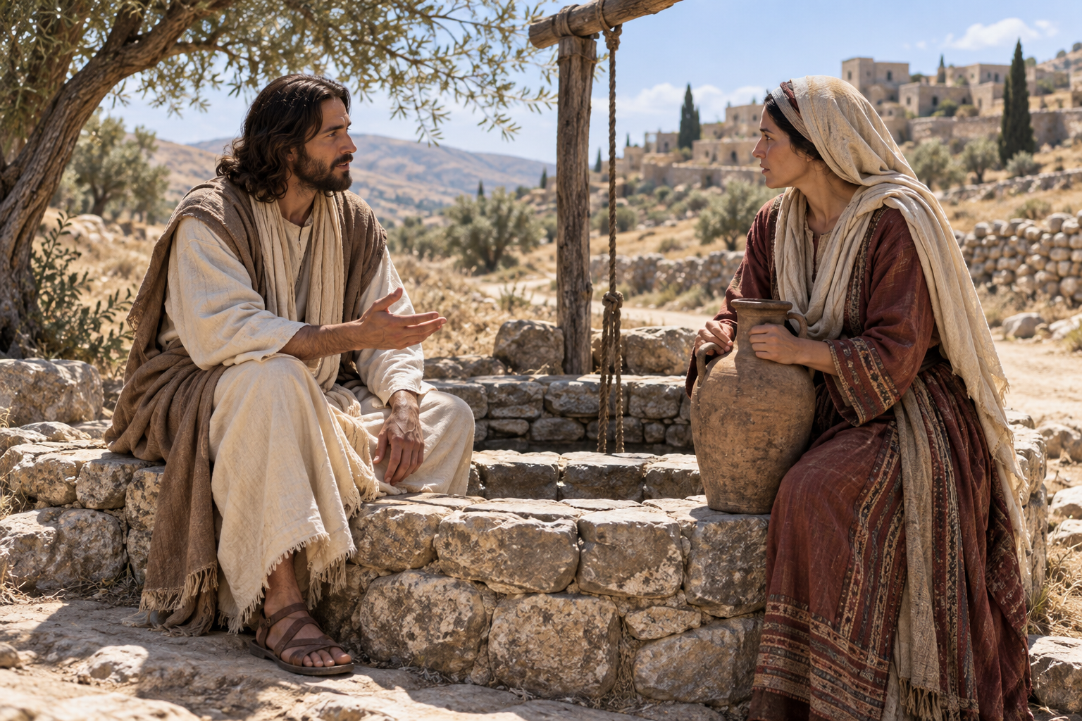 Jesus speaks respectfully with the Samaritan woman beside a stone well