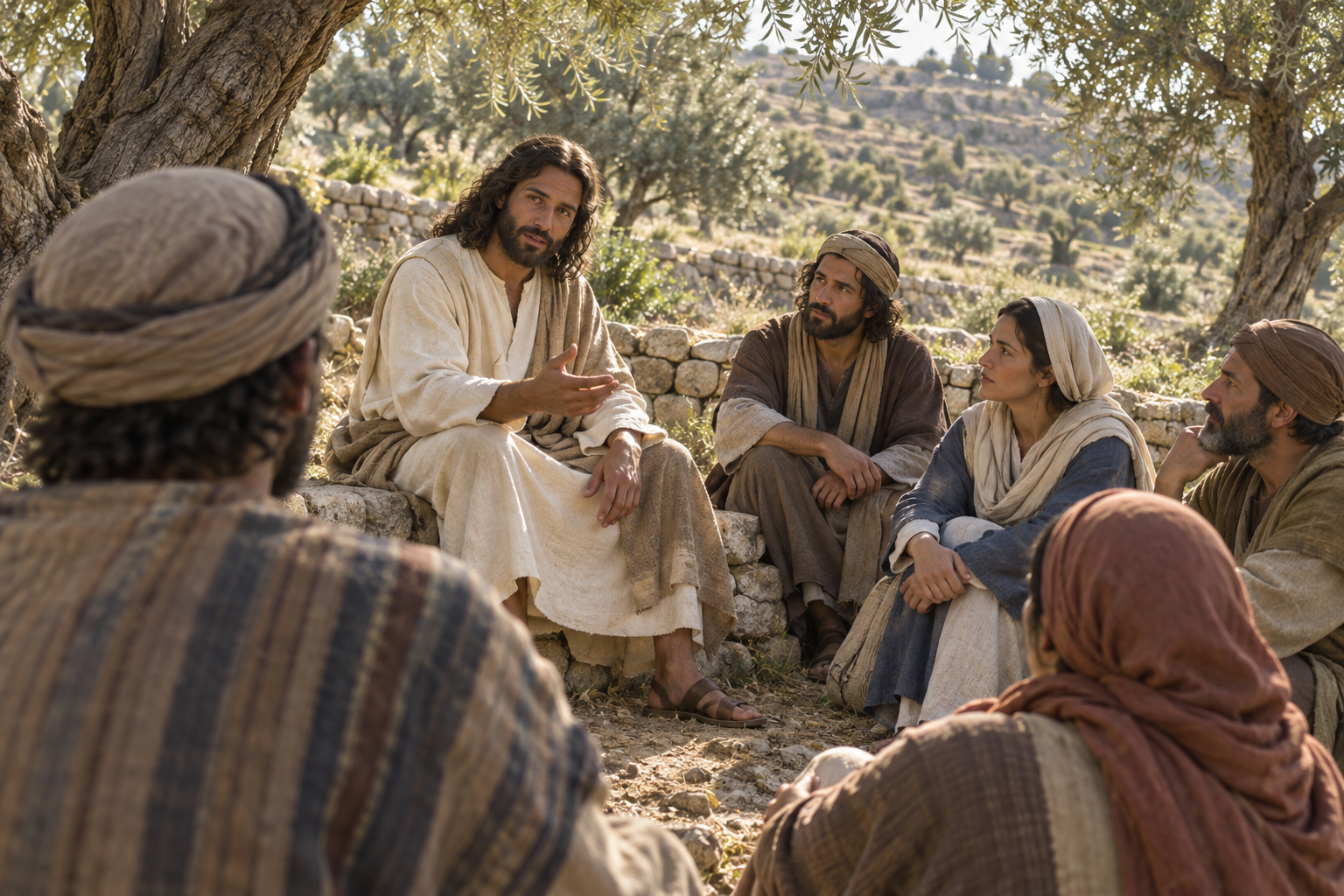 Jesus teaches a small group beneath olive trees on a terraced Galilean hillside