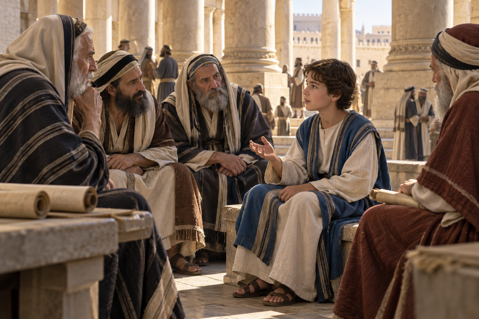 Twelve-year-old Jesus listens and asks questions among teachers in the Jerusalem temple