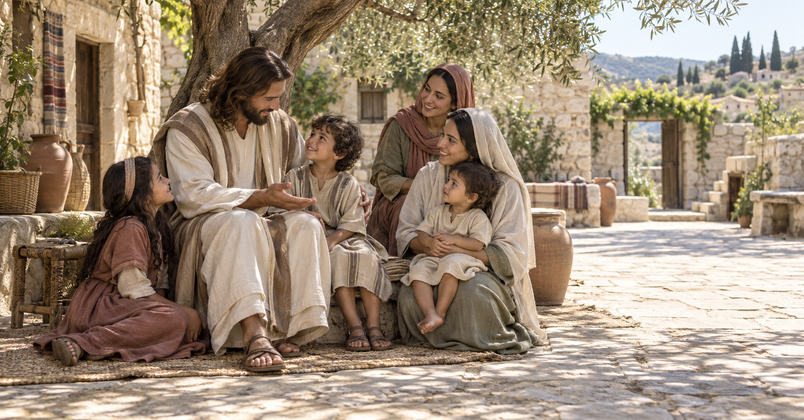 Jesus sits with children in a sunlit first-century village courtyard
