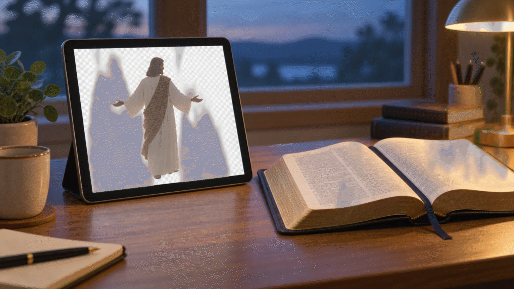 Tablet showing a cutout image of Jesus beside an open Bible on a study desk