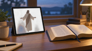 Tablet showing a cutout image of Jesus beside an open Bible on a study desk