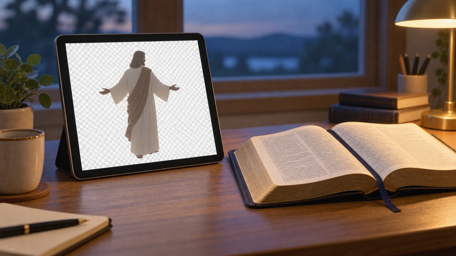 Tablet showing a cutout image of Jesus beside an open Bible on a study desk