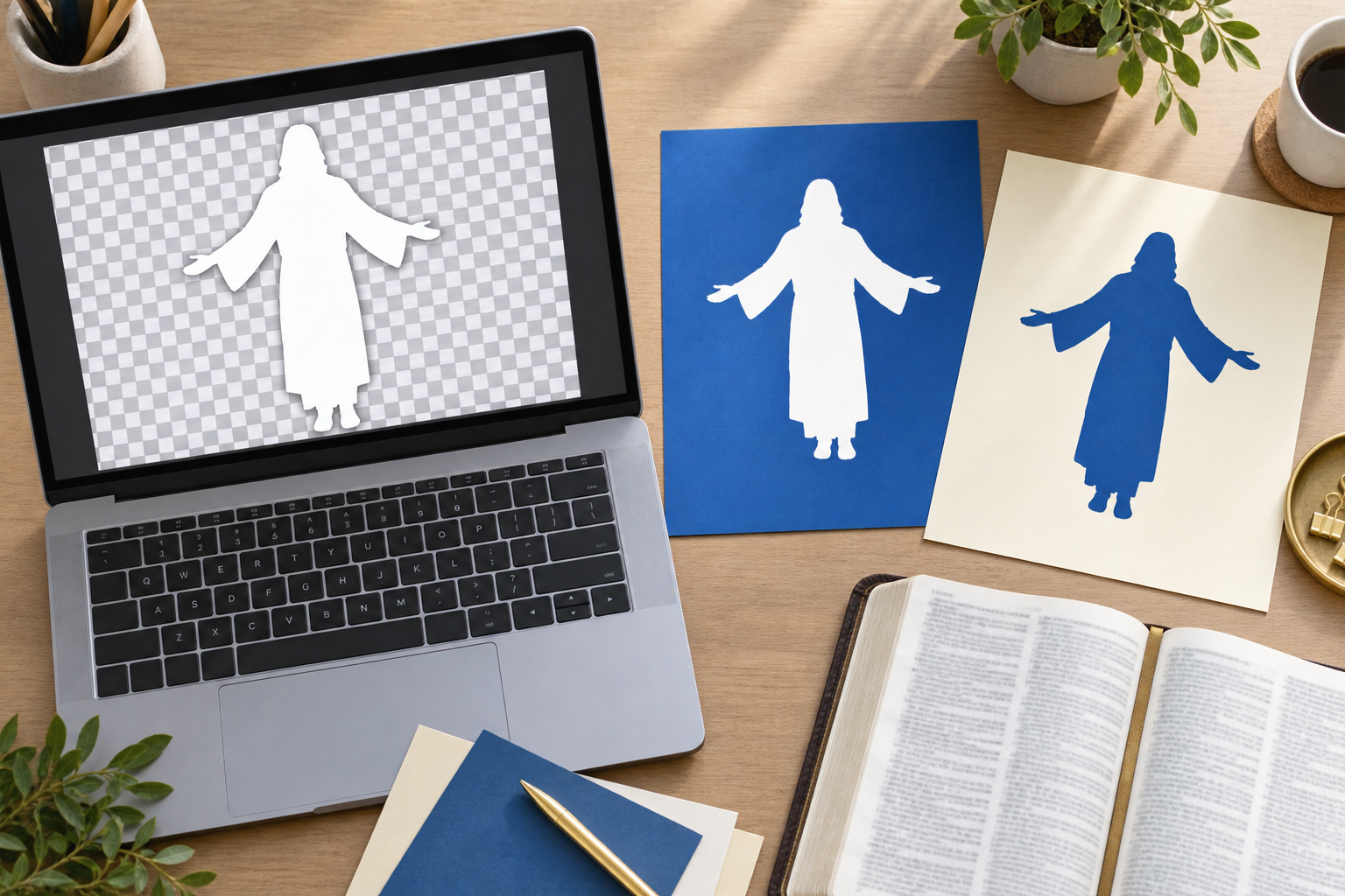 A cutout image of Jesus appears over a transparent checkerboard and two coloured backgrounds