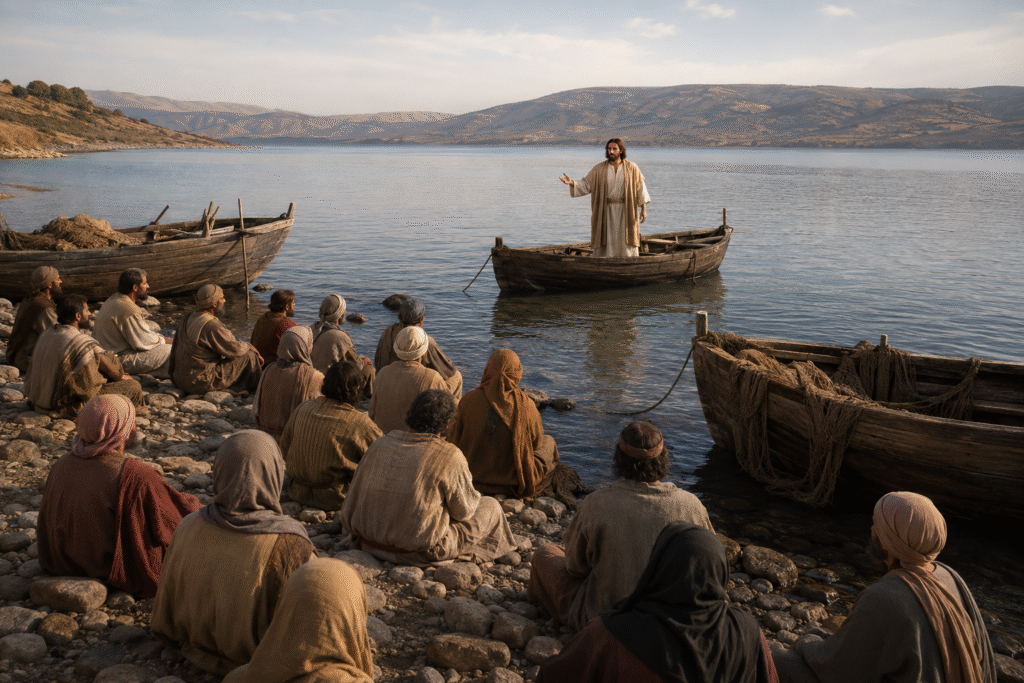 Jesus teaches from a boat while people listen on the shore of the Sea of Galilee
