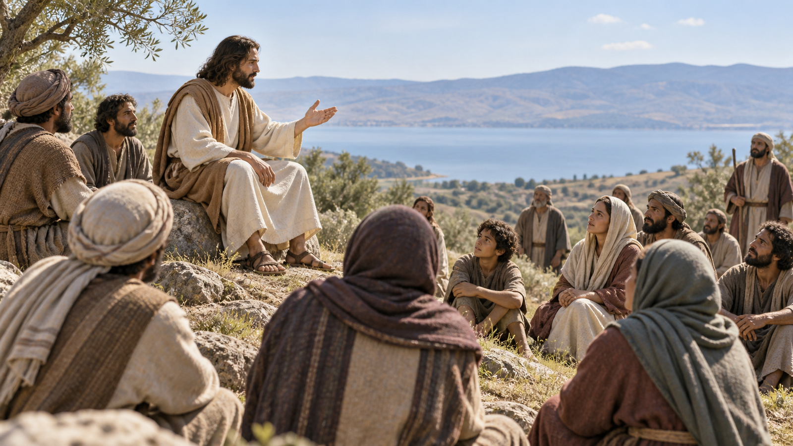 Jesus teaches a gathered crowd on a Galilean hillside beside the lake