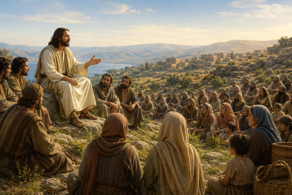 Jesus teaches disciples and a crowd on a Galilean hillside