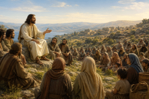 Jesus teaches disciples and a crowd on a Galilean hillside