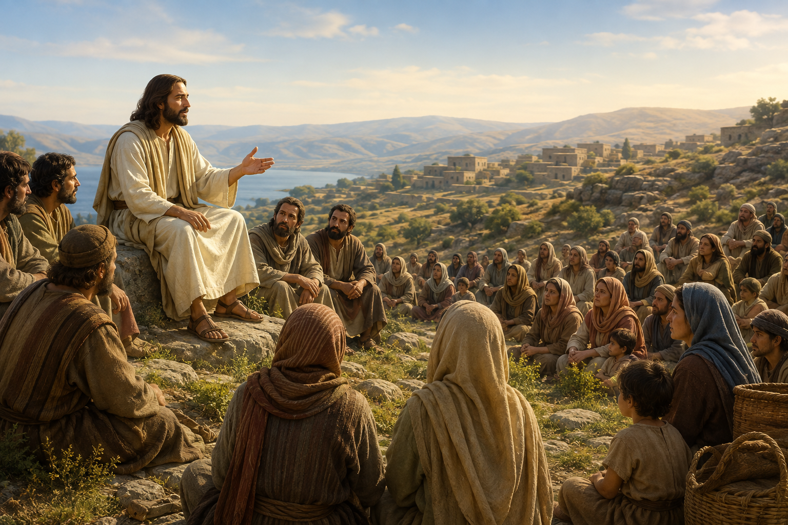 Jesus teaches disciples and a crowd on a Galilean hillside