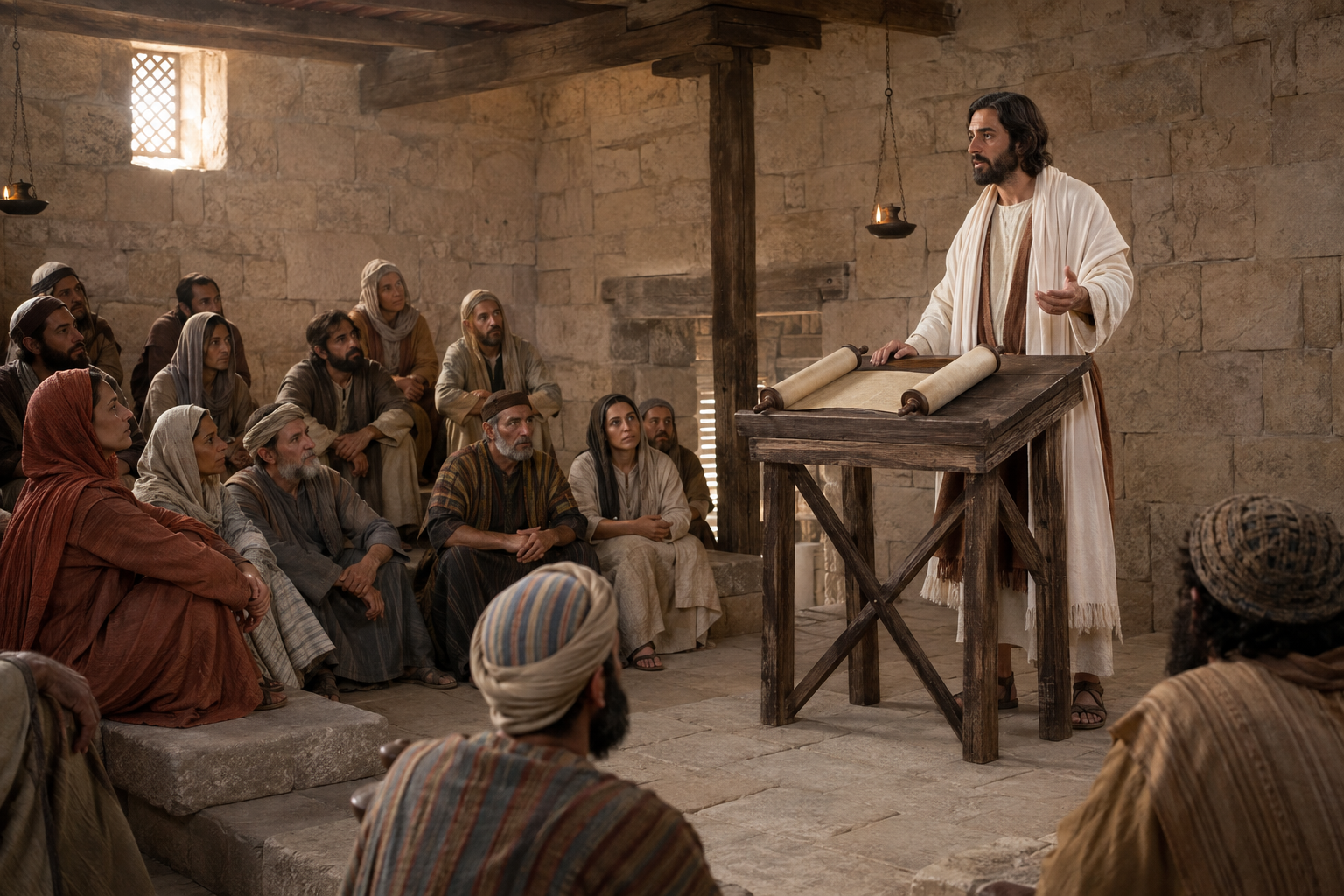 Jesus teaches listeners in a simple first-century synagogue