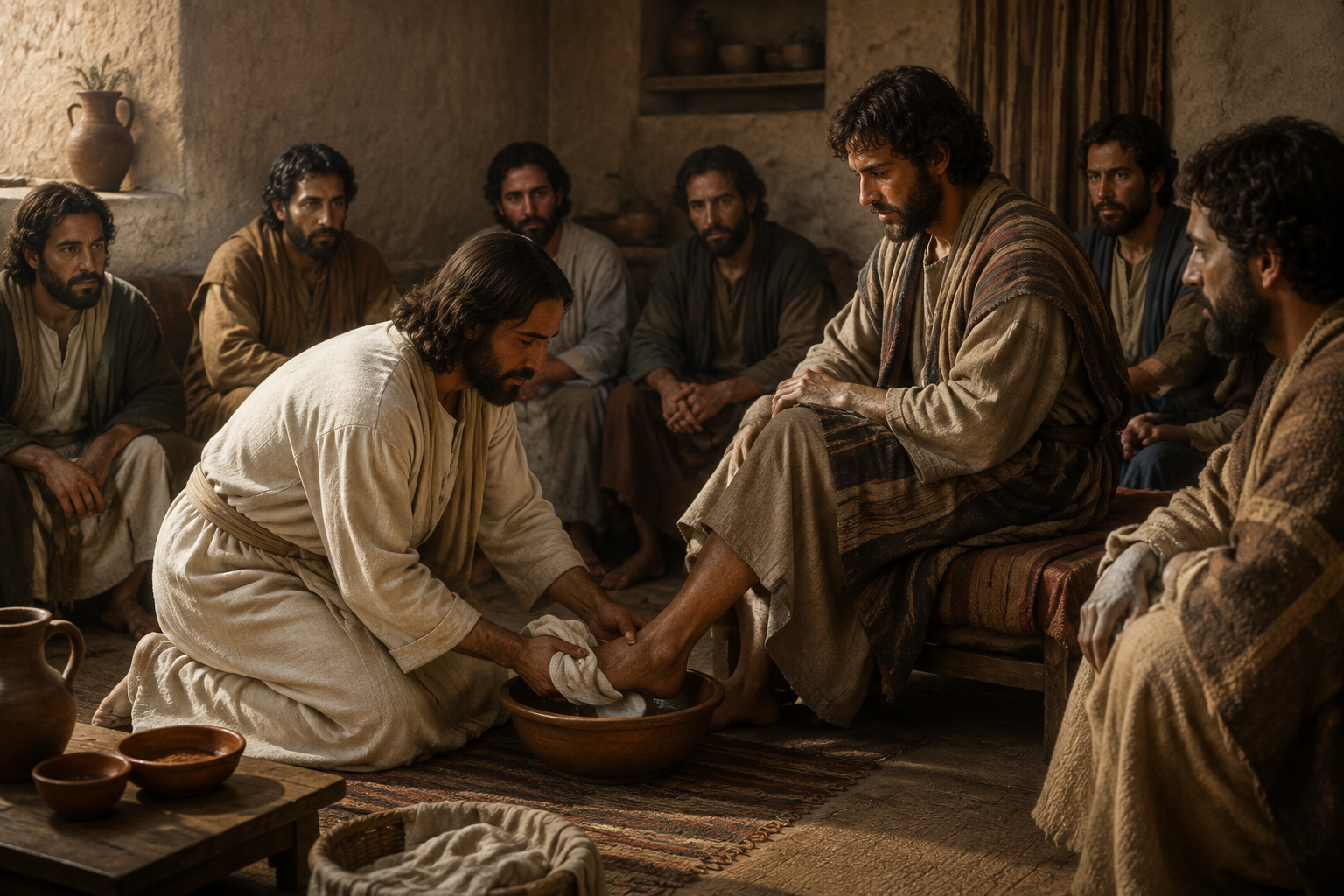 Jesus kneels to wash a disciple’s feet with a basin and towel