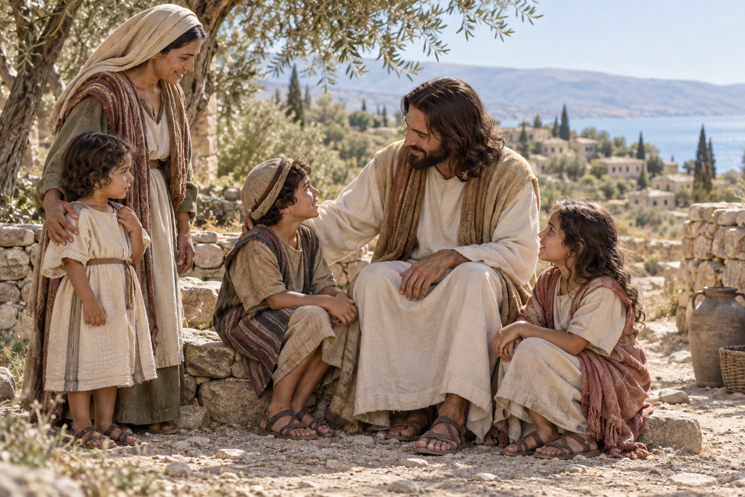 Jesus listens kindly to children beside a stone wall in a Galilean village