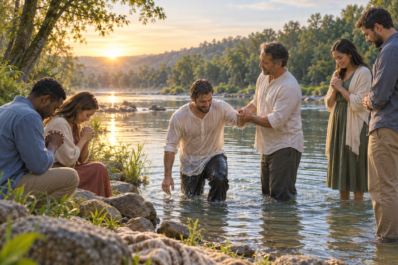 A believer is baptised in a river while Christians pray nearby