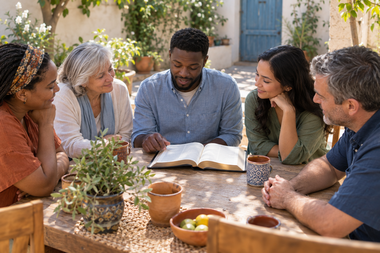 A diverse small group studies an open Bible in a sunny courtyard
