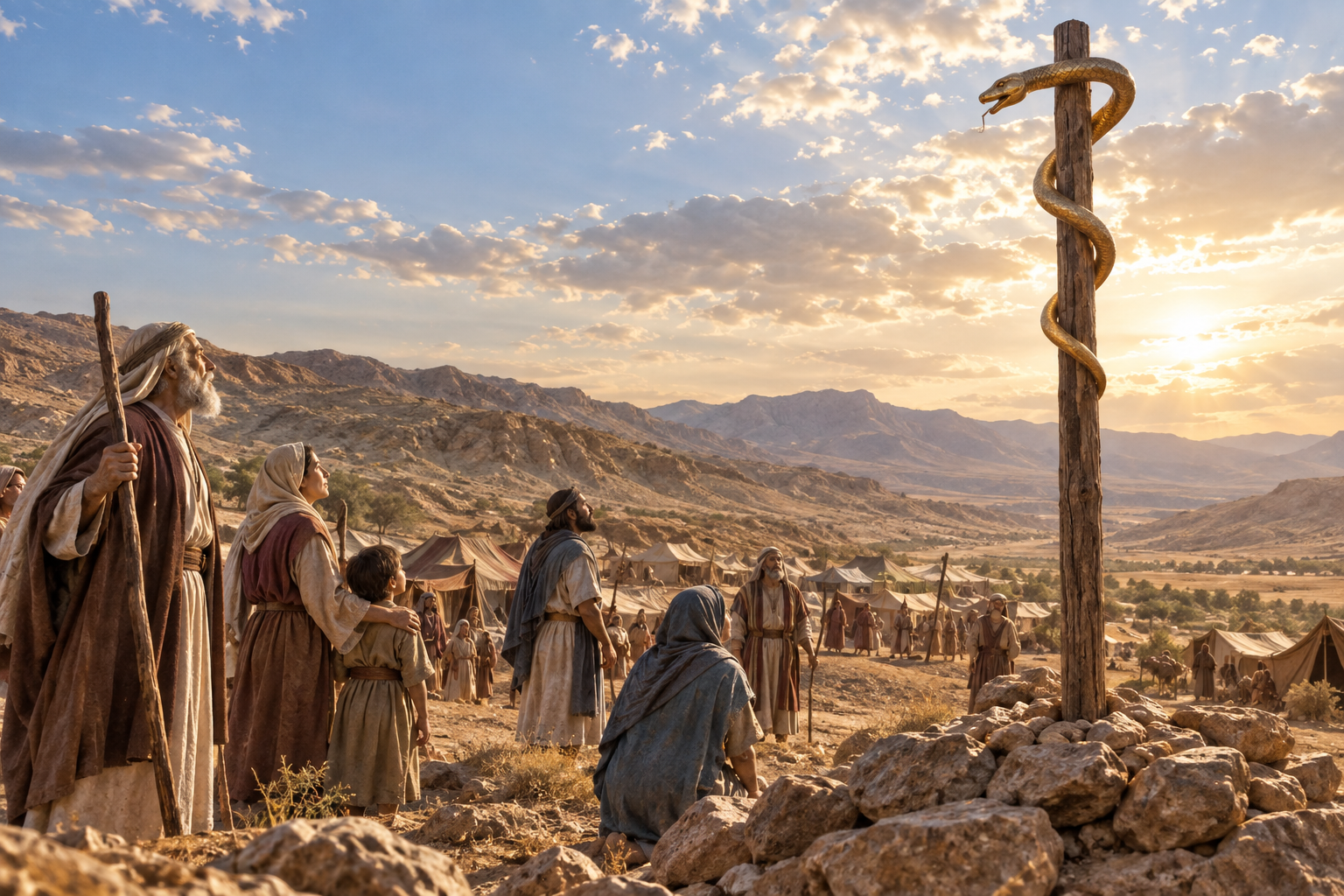 People look toward a bronze serpent on a pole in the wilderness