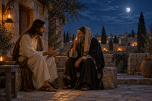 Jesus speaks with Nicodemus in a stone courtyard at night