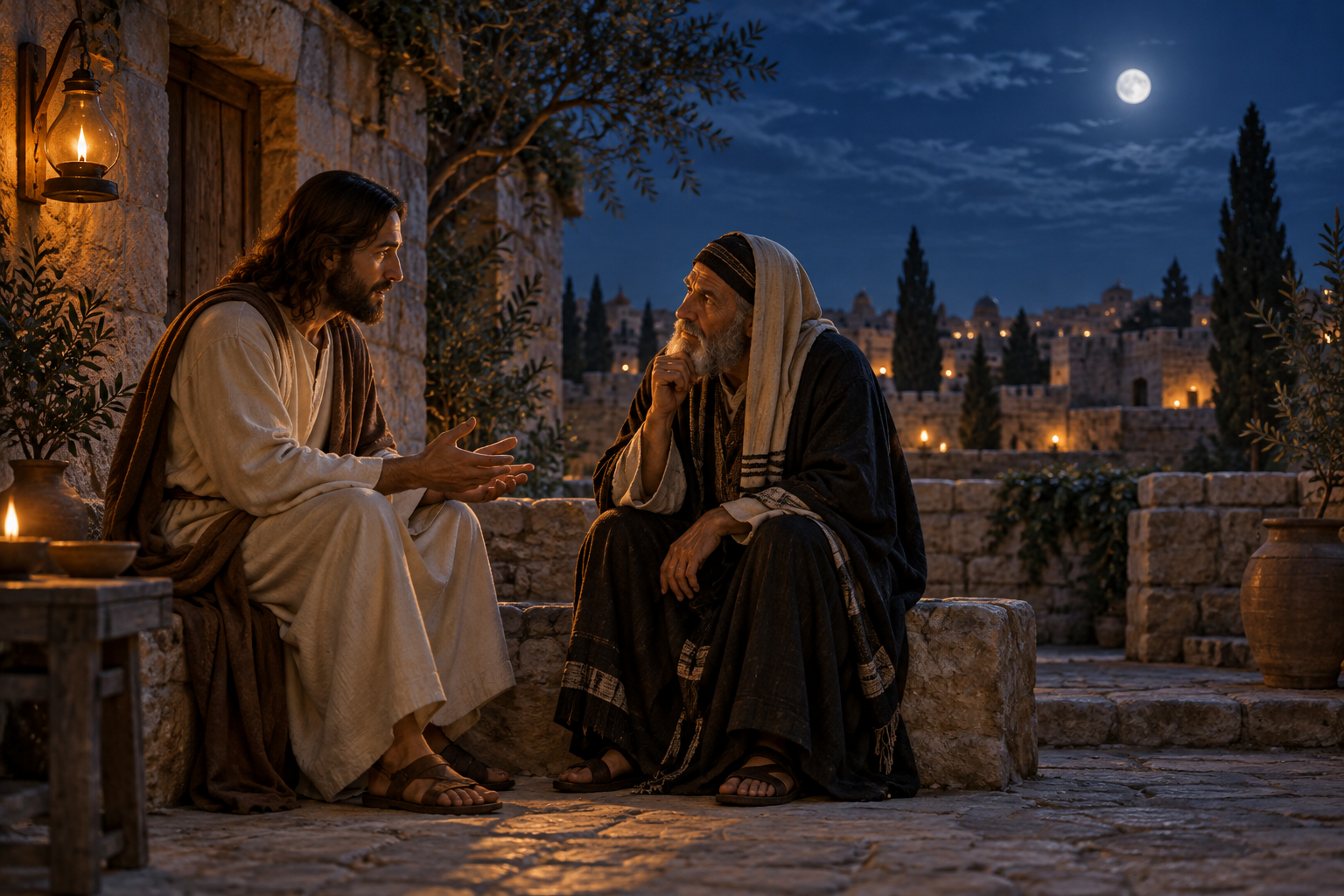 Jesus speaks with Nicodemus in a stone courtyard at night