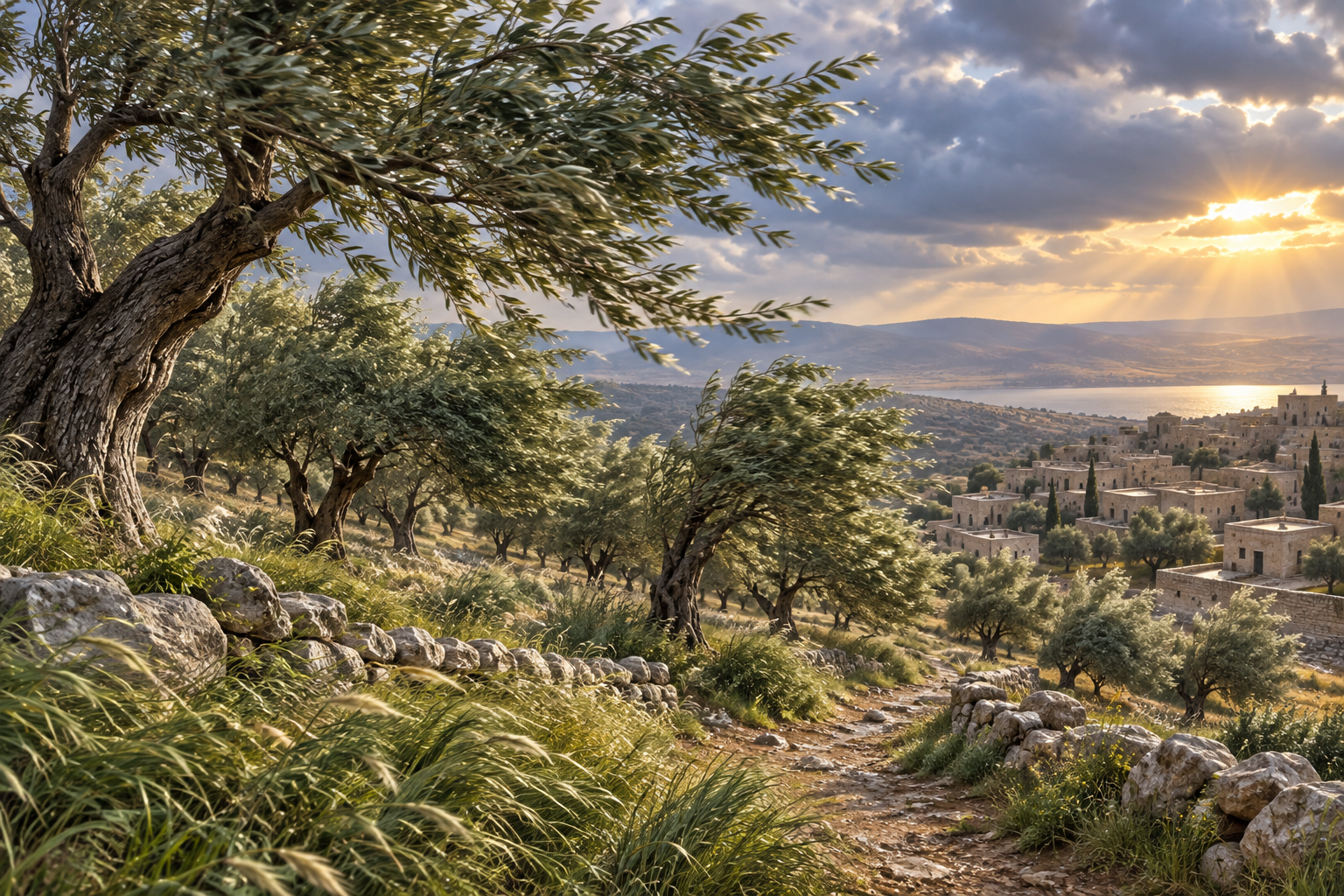 Wind moves through olive trees above a quiet village