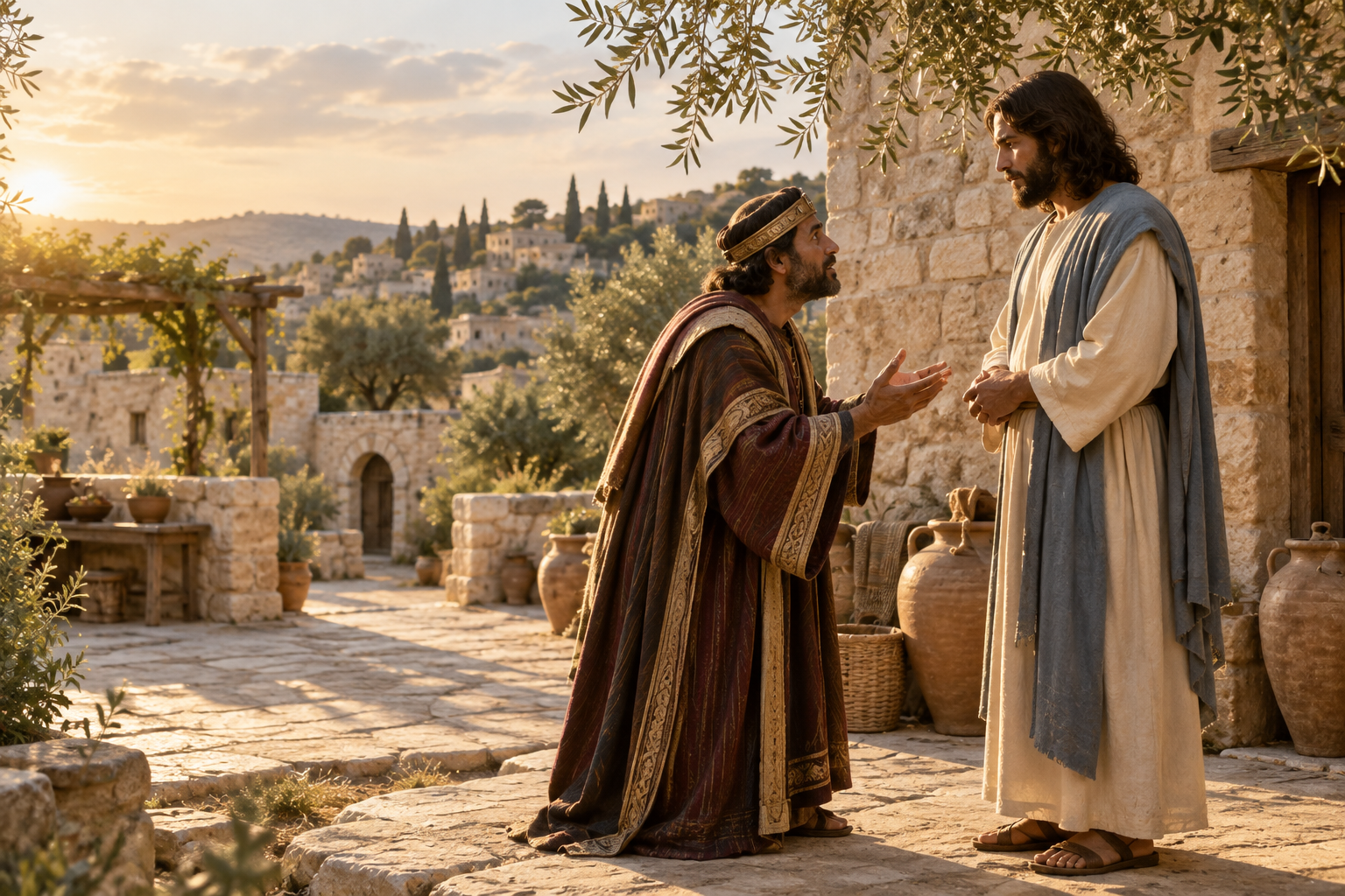 Jesus speaks with a worried royal official in a Cana village courtyard