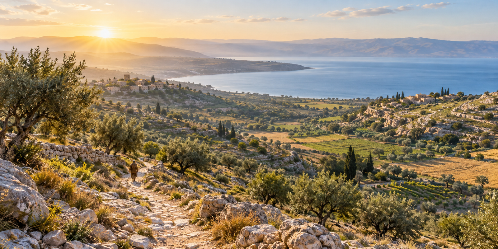 Galilean hills and a distant lake show the setting between Cana and Capernaum