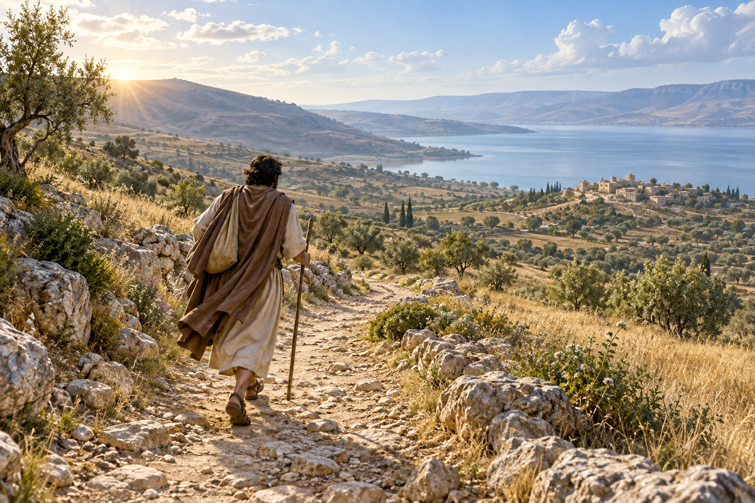 A traveller walks a rocky Galilean road toward Capernaum
